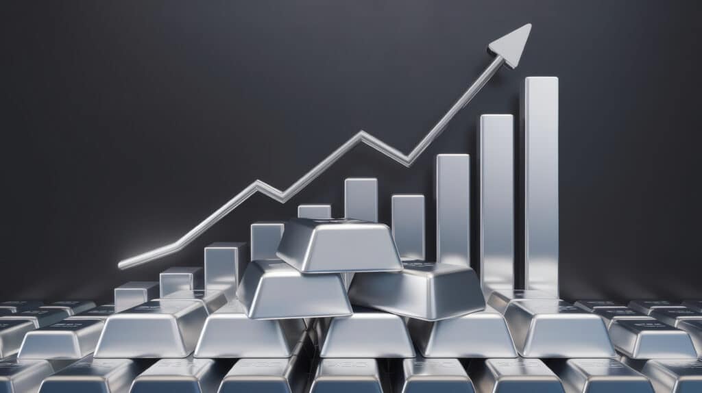 illustration of silver bars with a rising graph, symbolizing increasing silver prices, ideal for finance and investment concepts.